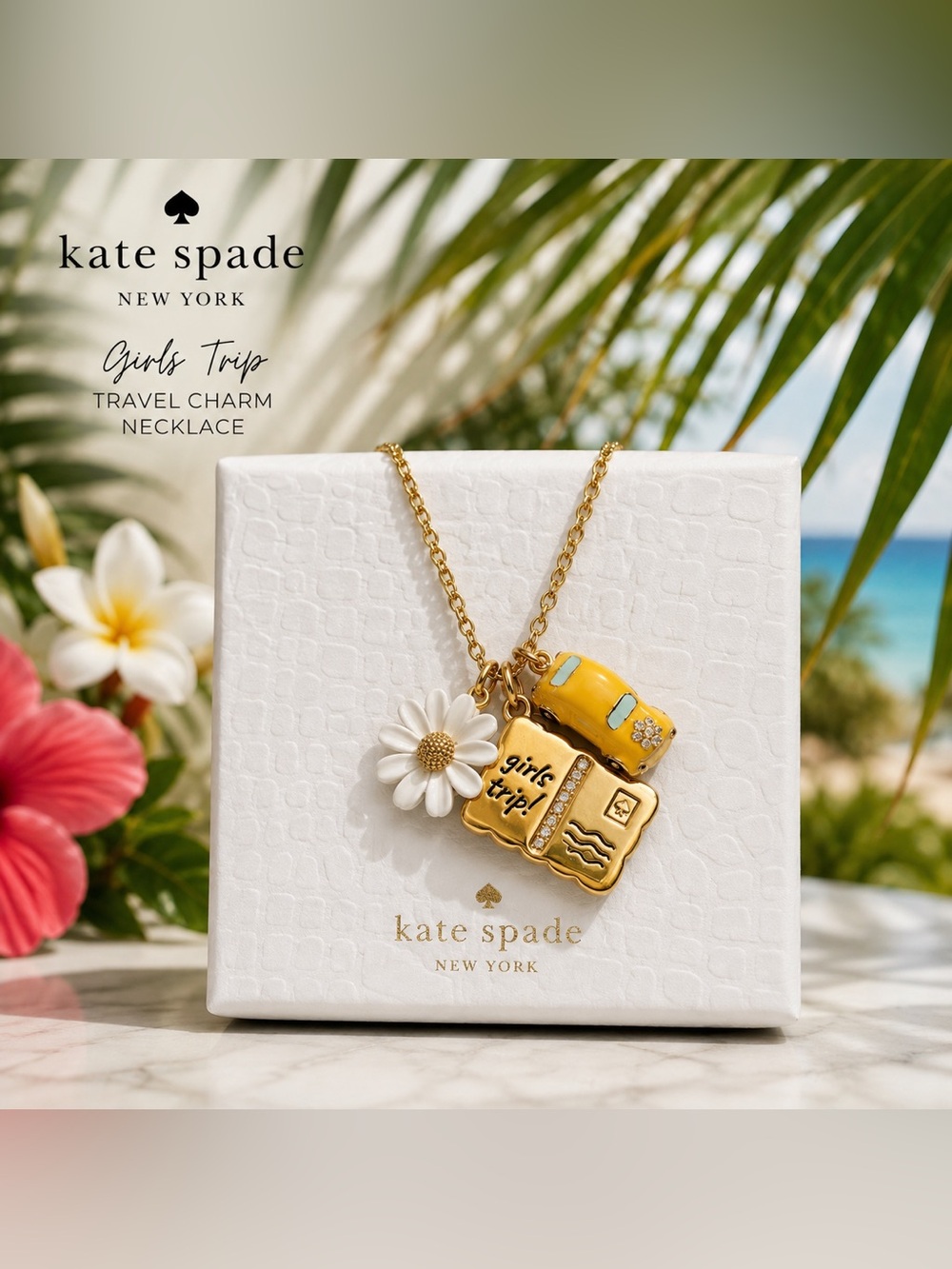 Kate Spade Girls Trip Charm Pendant Necklace Gold Tone Daisy Taxi Suitcase